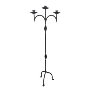 Hand Forged Iron Floor Candelabra 47.5" (121cm) Leaf Detail Antique Copper or Gold Patina 3-Arm Candle Holder Rustic Decor