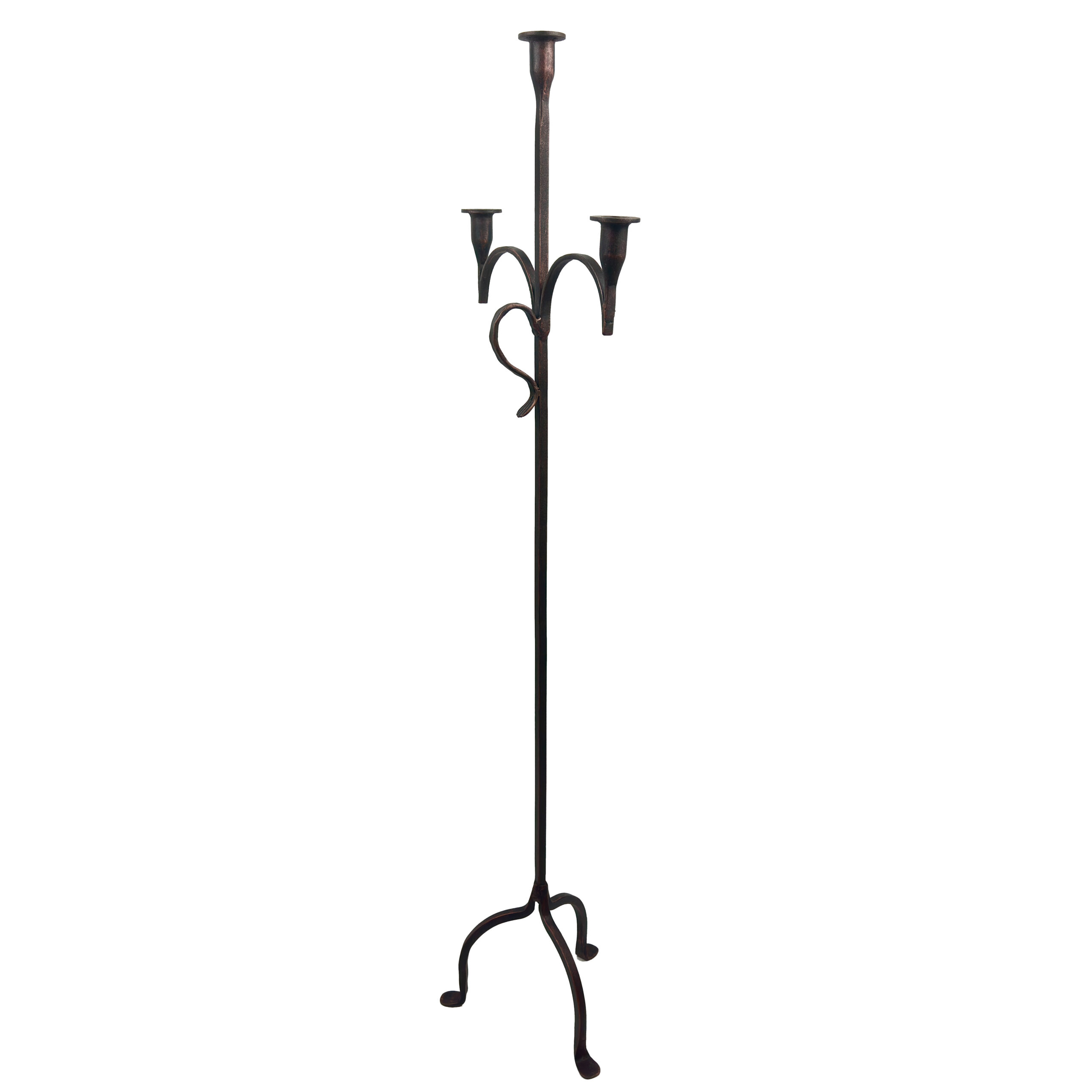 1055 B Hand Forged Iron Floor Candelabra 50" (126cm) Antique Copper Patina 3-Arm Slim Corner Design Rustic Decor - Image 1