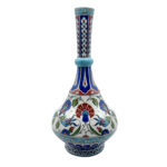 Handmade Ceramic Tall Vase (45cm) Elegant "Ringed Neck" Design with Red Tulip & Blue Floral Pattern - Grand Console Decor