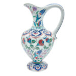 Handmade Ceramic Pitcher Vase (30cm) Traditional "Ewer" Form with Handle - Colorful Floral Pattern & Geometric Neck Border