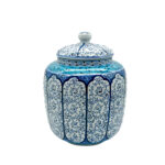 Handmade Ceramic Lidded Jar (30cm) Blue Vines & Turquoise Geometric Band - Large Decorative Canister