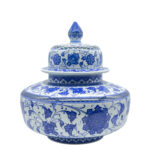 Handmade Ceramic Oversized Squat Lidded Vase - Wide "Potiche" Form with Blue & White Baba Nakkas Floral Design