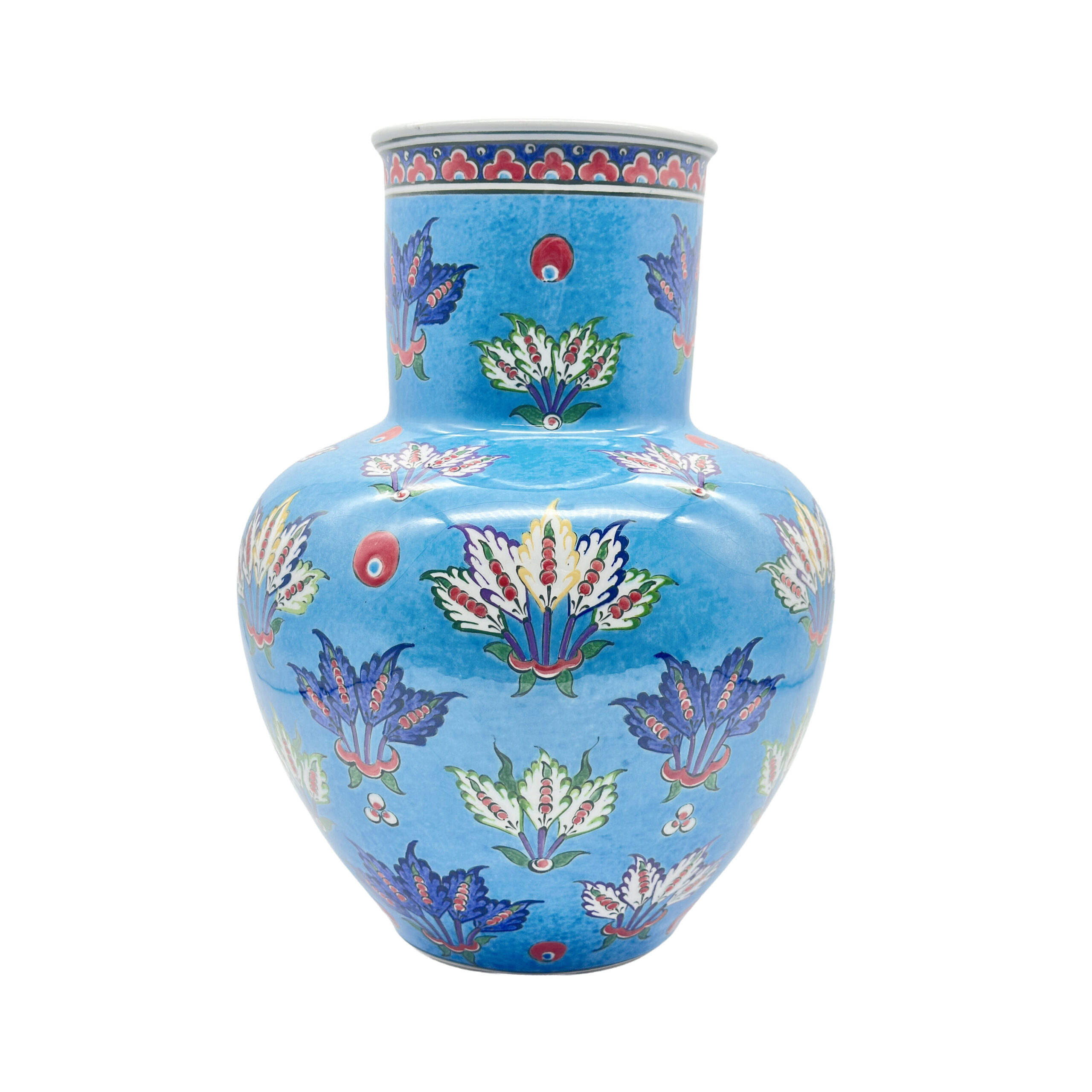 8693332222040 Handmade Ceramic Vase (30cm) - Turquoise "Firuze" Blue with Stylized Fan Flowers - Ottoman Palmette Design - Image 1