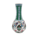 Handmade Ceramic "Gonca" Vase (25cm) - Emerald Green Neck & Tulip Garden Pattern - Mediterranean Home Decor