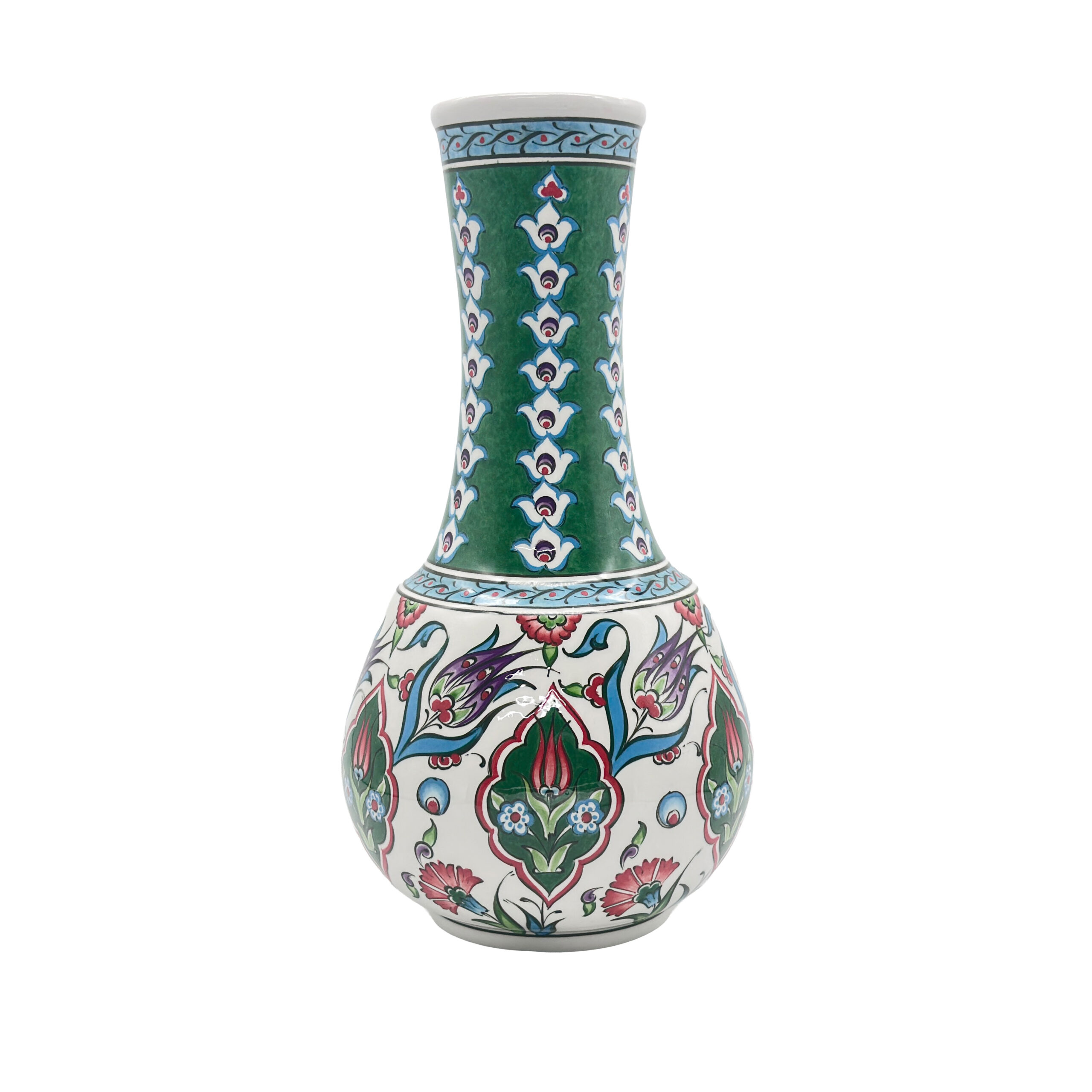 8693332222042 Handmade Ceramic "Gonca" Vase (25cm) - Emerald Green Neck & Tulip Garden Pattern - Mediterranean Home Decor - Image 1