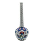 Handmade Ceramic Long-Neck Vase (25cm) - Minimalist Red Dot Detail & Carnations - Elegant Iznik Decor