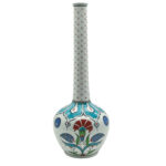 Handmade Ceramic Long-Neck Vase (25cm) - Turquoise Scallop Shoulder & Red Dots - Iznik Decor