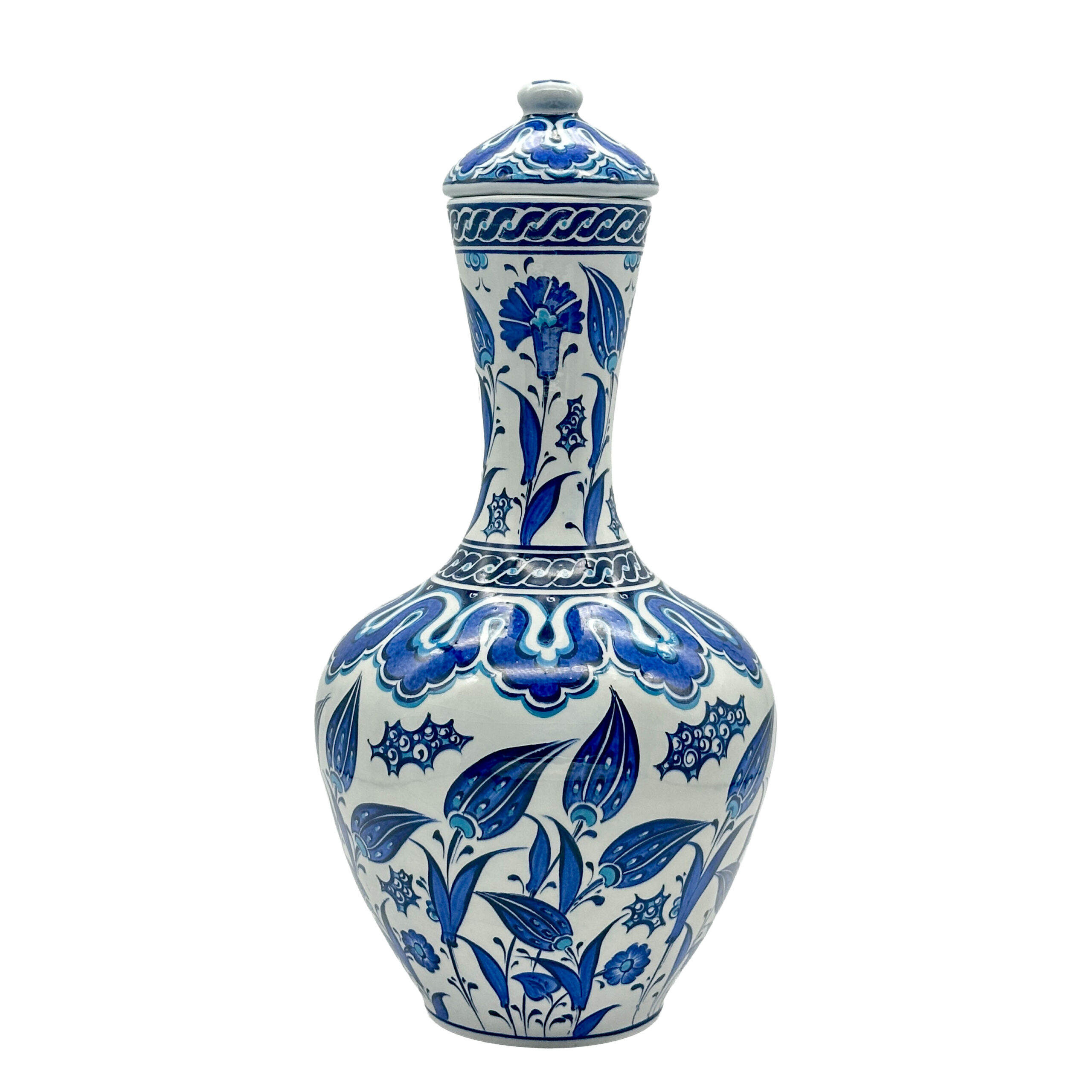 8693332222099 Handmade Ceramic Lidded Vase (30cm) - Blue & White Tulips & Cloud Collar - Classic Iznik Decor - Image 1