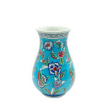 Handmade Ceramic Pear Vase (20cm) - Vibrant Aegean Turquoise - Geometric Meander Rim & Red Florals