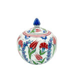 Handmade Ceramic Lidded Bonbonniere Jar Red Tulips and Carnations Round Globe