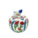 Handmade Ceramic Lidded Bonbonniere Jar Red Tulips and Carnations Round Globe - Image 4