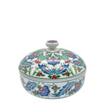 Handmade Ceramic Lidded Bowl (16cm) Blue and Red Spring Flowers Flat Top Finial - Image 6