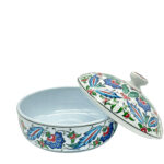 Handmade Ceramic Lidded Bowl (16cm) Blue and Red Spring Flowers Flat Top Finial
