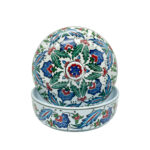 Handmade Ceramic Lidded Bowl (16cm) Blue and Red Spring Flowers Flat Top Finial - Image 5