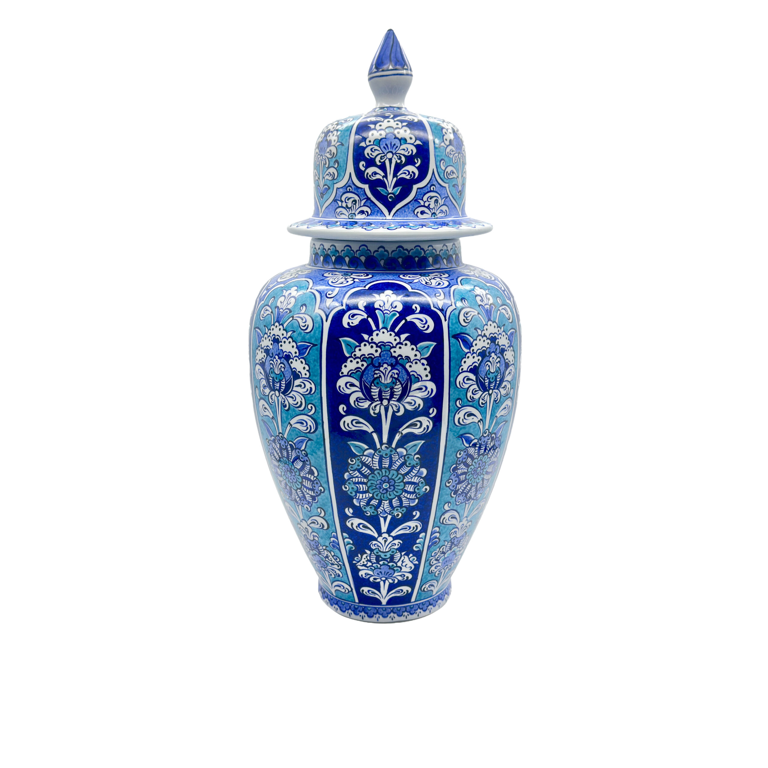 8693332222135 Handmade Ceramic Shah Vase (30cm) Turquoise and Dark Blue Vertical Panels Temple Jar - Image 1