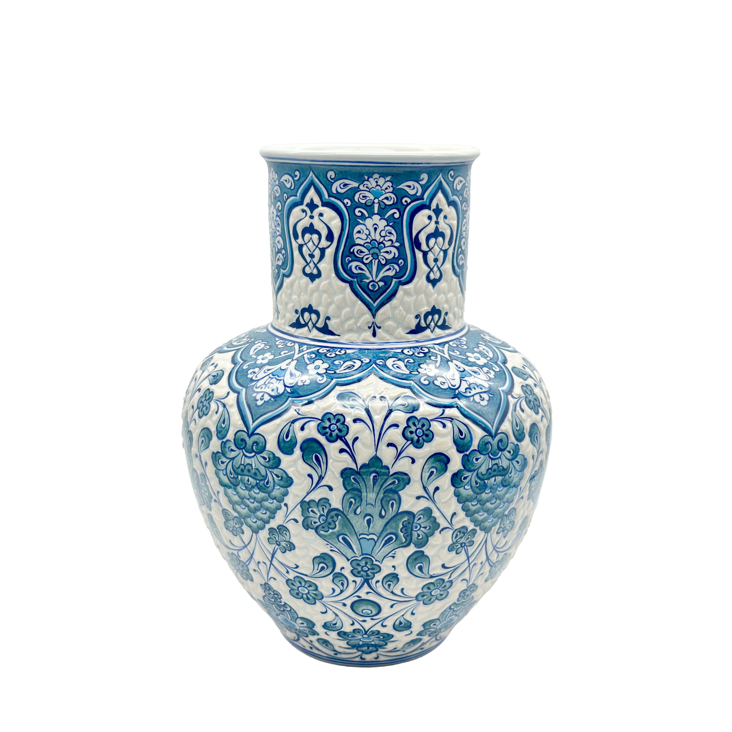 8693332222151 Handmade Ceramic Ata Vase (30cm) Turquoise Relief Floral with Scale Texture - Image 1