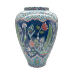 Handmade Ceramic Grand Shah Vase with Lid (60cm) Dark Blue Saz Leaf and Carnation - Image 4