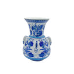Handmade Ceramic Kandil Vase (20cm) Blue and White Floral Triple Handled Form - Image 7