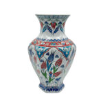 Handmade Ceramic Iznik Vase (Faceted Form) Red Tulip and Blue Arch Pattern