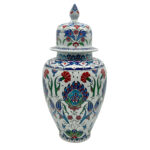 Handmade Ceramic Iznik Shah Vase with Lid (Classic Floral Style) Red Carnation and Central Hatayi Medallion