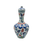 Handmade Ceramic Iznik Bottle Vase with Lid Red Tulip and Geometric Pattern