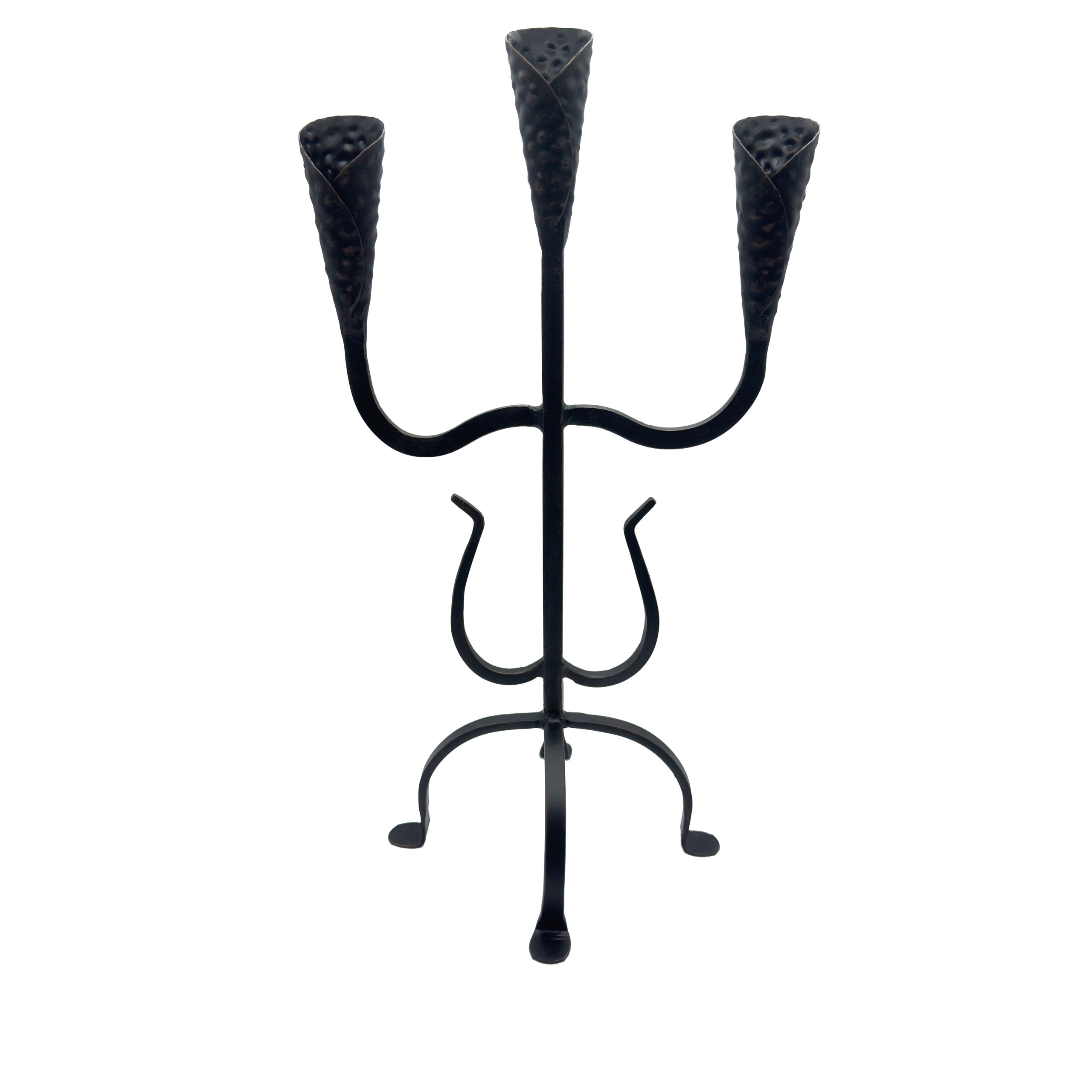 1170 Hand Forged Wrought Iron 3 Light Candelabra (Antique Patina) Textured Cup Candle Holder - Image 1