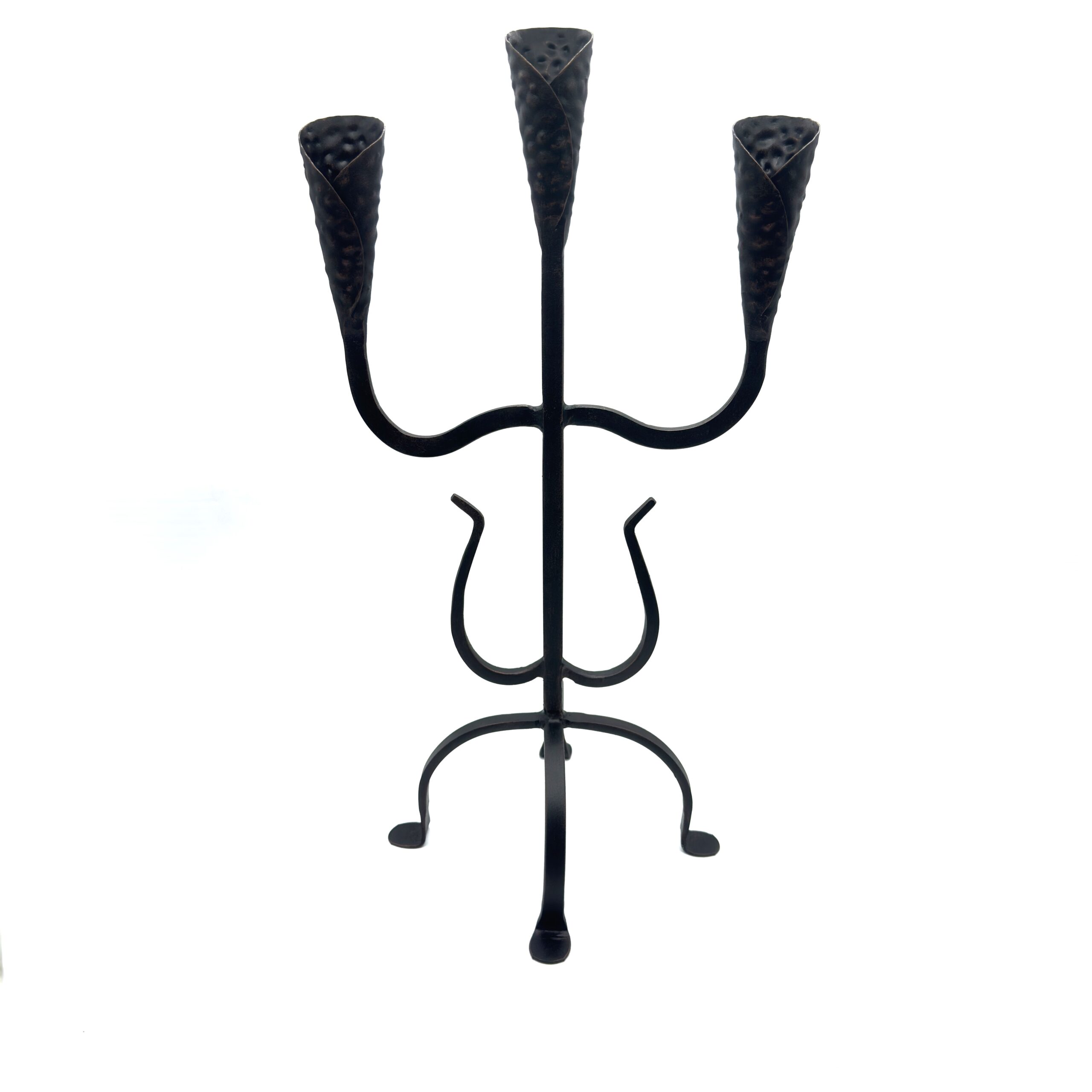 1170 Hand Forged Wrought Iron 3 Light Candelabra (Antique Patina) Textured Cup Candle Holder - Image 1