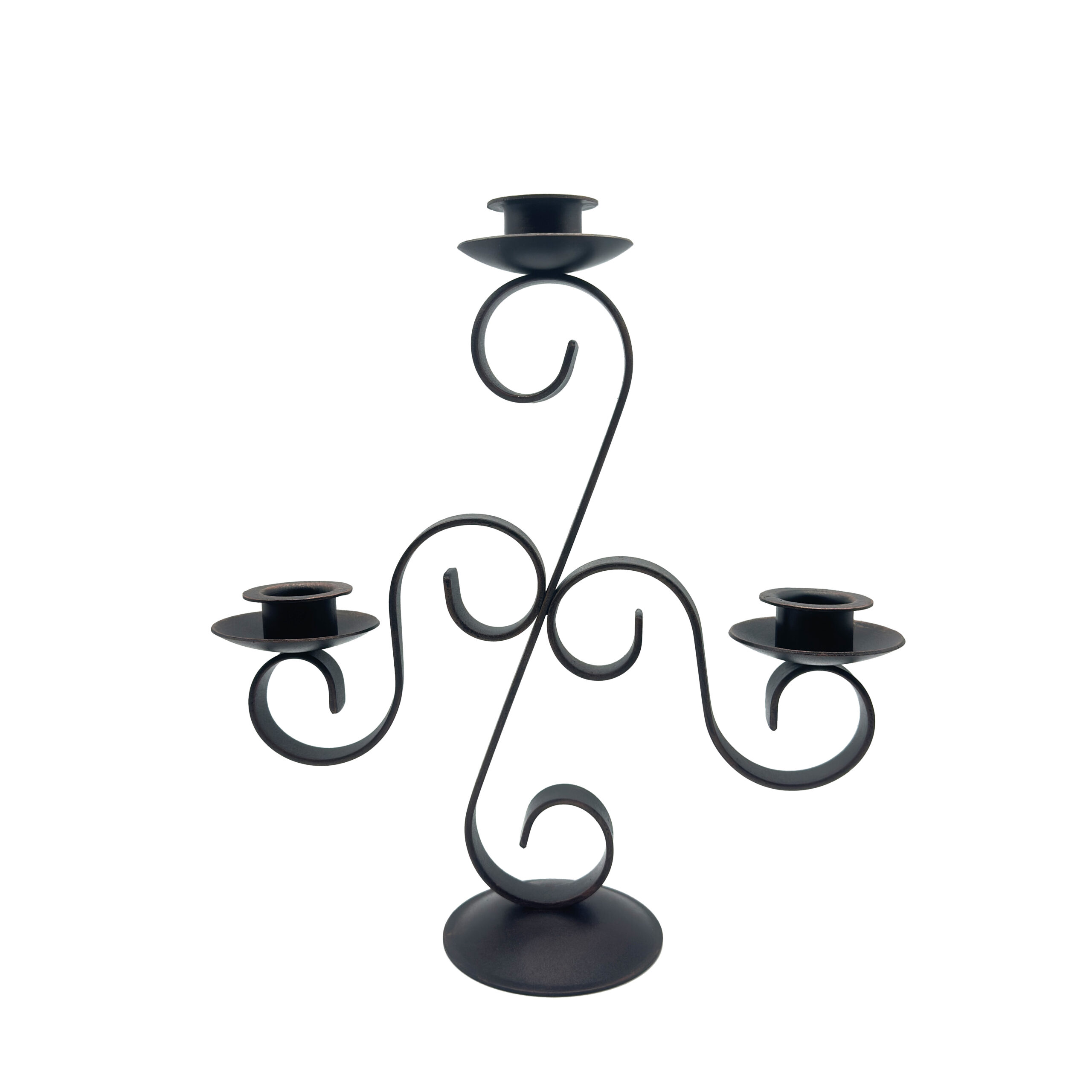 1172-1 Hand Forged Iron Candelabra 13" (33cm) Antique Patina Finish 3 Light Scroll Centerpiece - Image 1