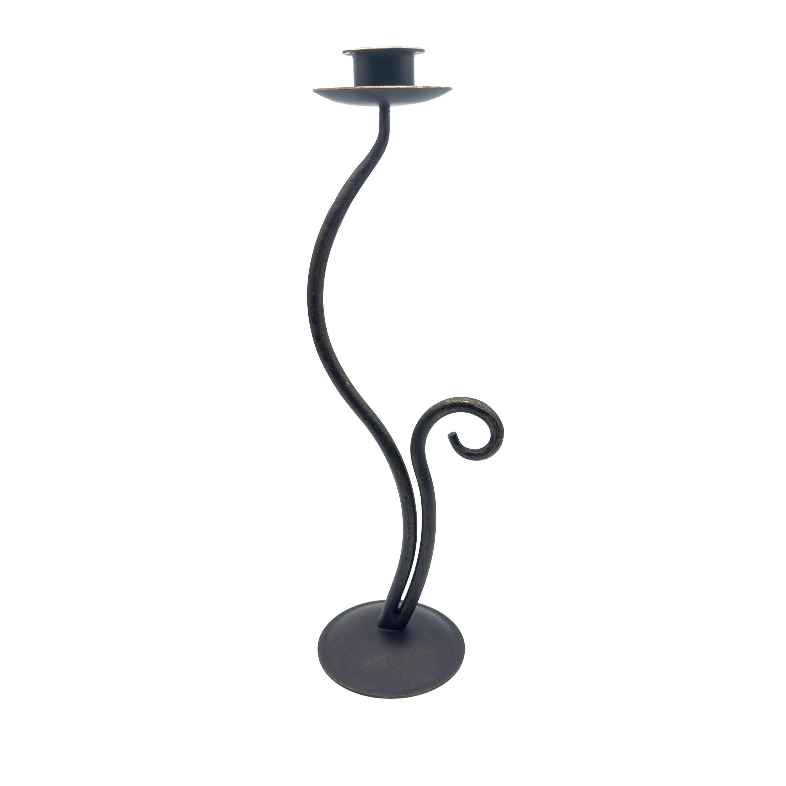 1175 Hand Forged Iron Candlestick 15" (39cm) Antique Patina Finish Single Light Sweeping Scroll Centerpiece - Image 1