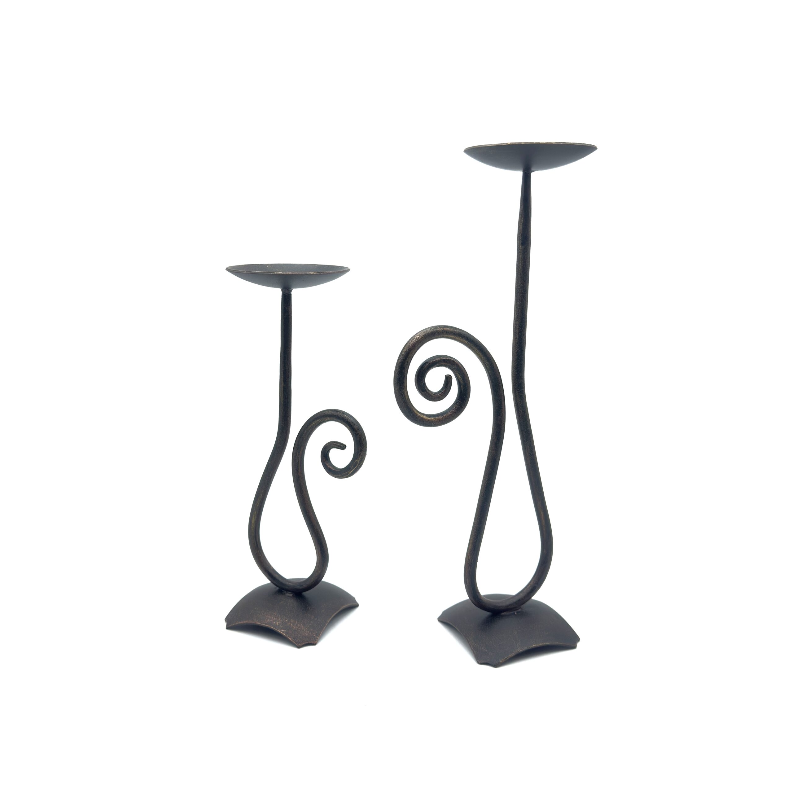 1182 Hand Forged Iron Candle Holder Set of 2 Antique Patina Finish Single Plate Spiral Scroll Centerpieces - Image 1