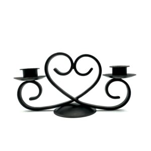 Hand Forged Iron Heart Motif Candelabra 12" (30cm) Antique Patina Finish Symmetrical Centerpiece