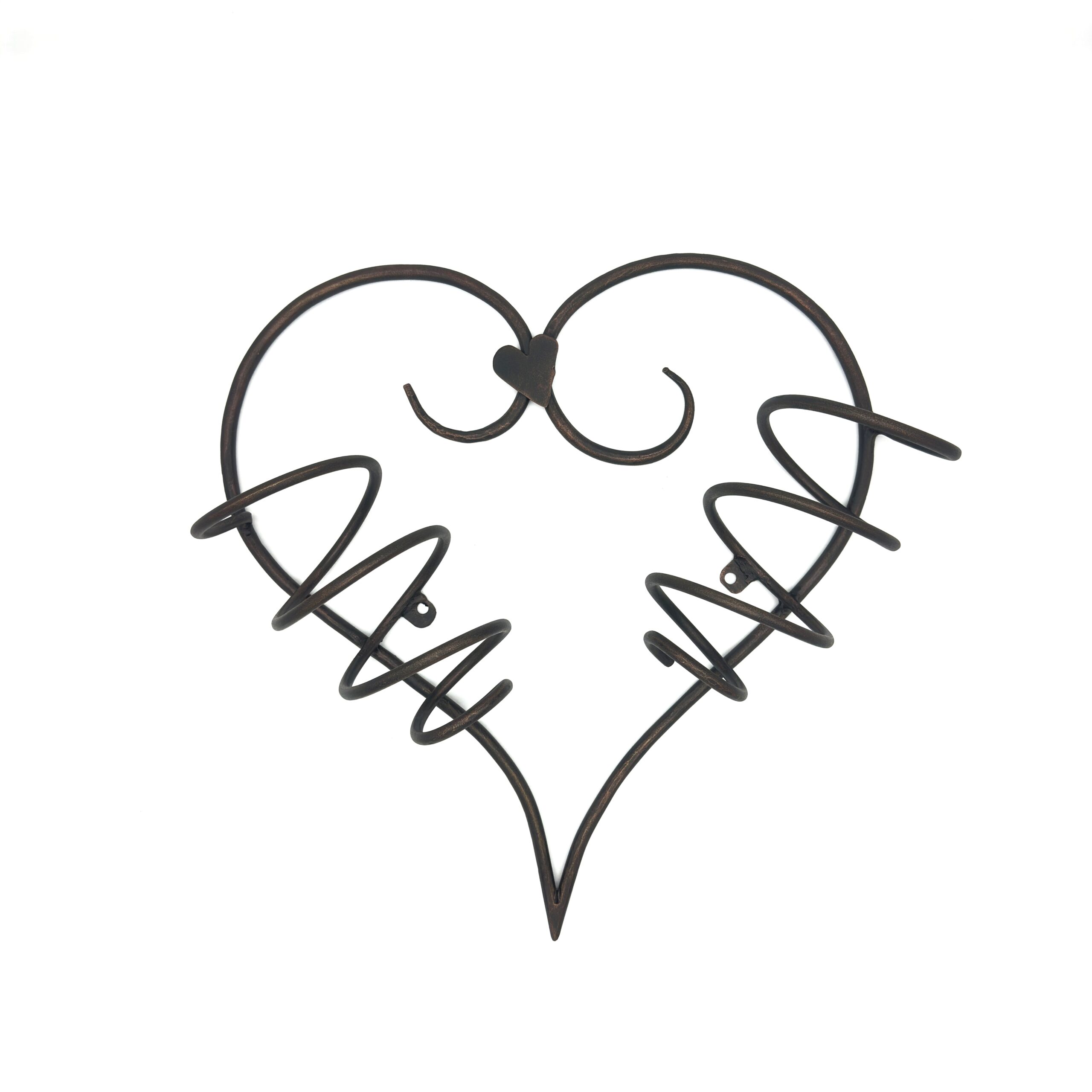 1199 Handmade Wrought Iron Heart Wall Mounted Wine Rack 39cm Antique Patina Decorative Bottle Holder - Image 1