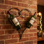Handmade Wrought Iron Heart Wall Mounted Wine Rack 39cm Antique Patina Decorative Bottle Holder - Image 2