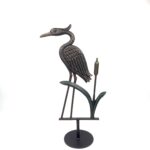 Hand Forged Wrought Iron Heron Sculpture 26″ (66cm) Antique Patina Reed & Cattail Accents Decor
