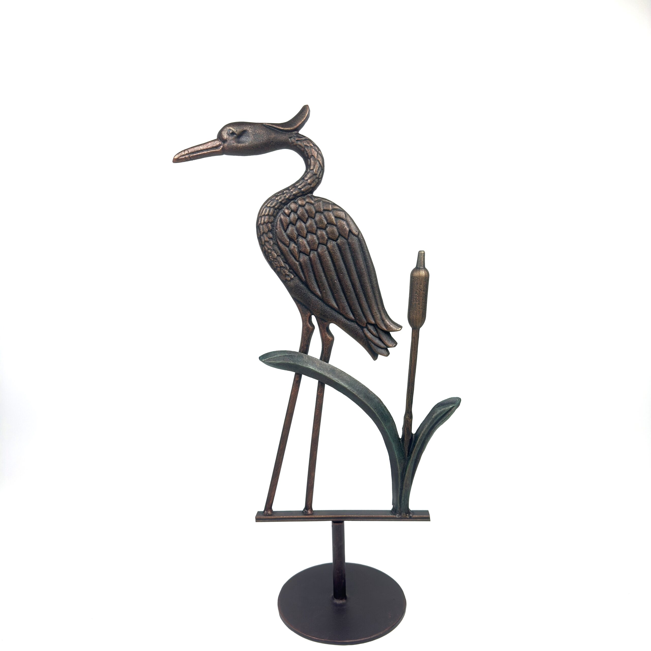 1206 Hand Forged Wrought Iron Heron Sculpture 26″ (66cm) Antique Patina Reed & Cattail Accents Decor - Image 1