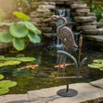 Hand Forged Wrought Iron Heron Sculpture 26″ (66cm) Antique Patina Reed & Cattail Accents Decor - Image 3