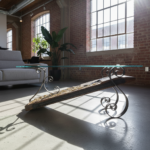 Authentic Antique Threshing Sledge Coffee Table 110cm Hand Forged Wrought Iron Base with Horseshoe Details Rustic Industrial Art - Image 5