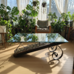 Authentic Antique Threshing Sledge Coffee Table 110cm Hand Forged Wrought Iron Base with Horseshoe Details Rustic Industrial Art - Image 6