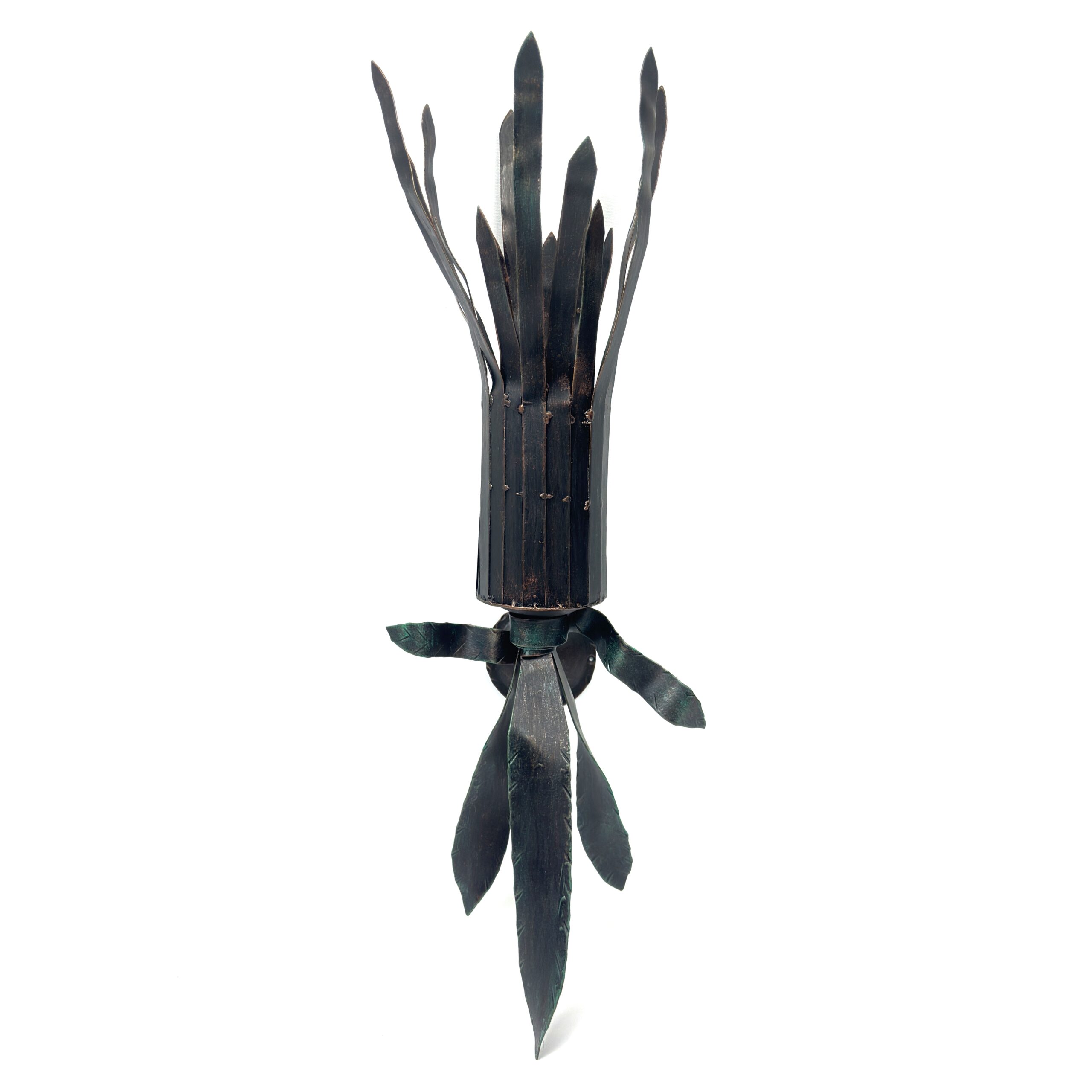 1208-2 Hand Forged Wrought Iron Torch Wall Sconce 75cm Antique Patina Leaf Detail Wall Mount Decor - Image 1