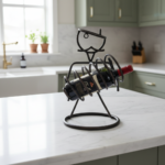 Hand Forged Wrought Iron Freestanding Single Wine Bottle Holder (Antique Patina) Tabletop Display Stand - Image 3