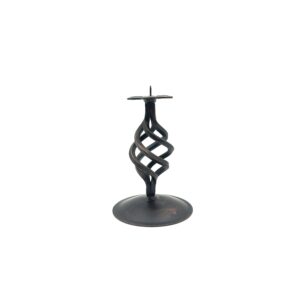 Hand Forged Iron Pillar Candle Holder 17cm Antique Patina Floral Motif Spiral Stem Rustic Decor