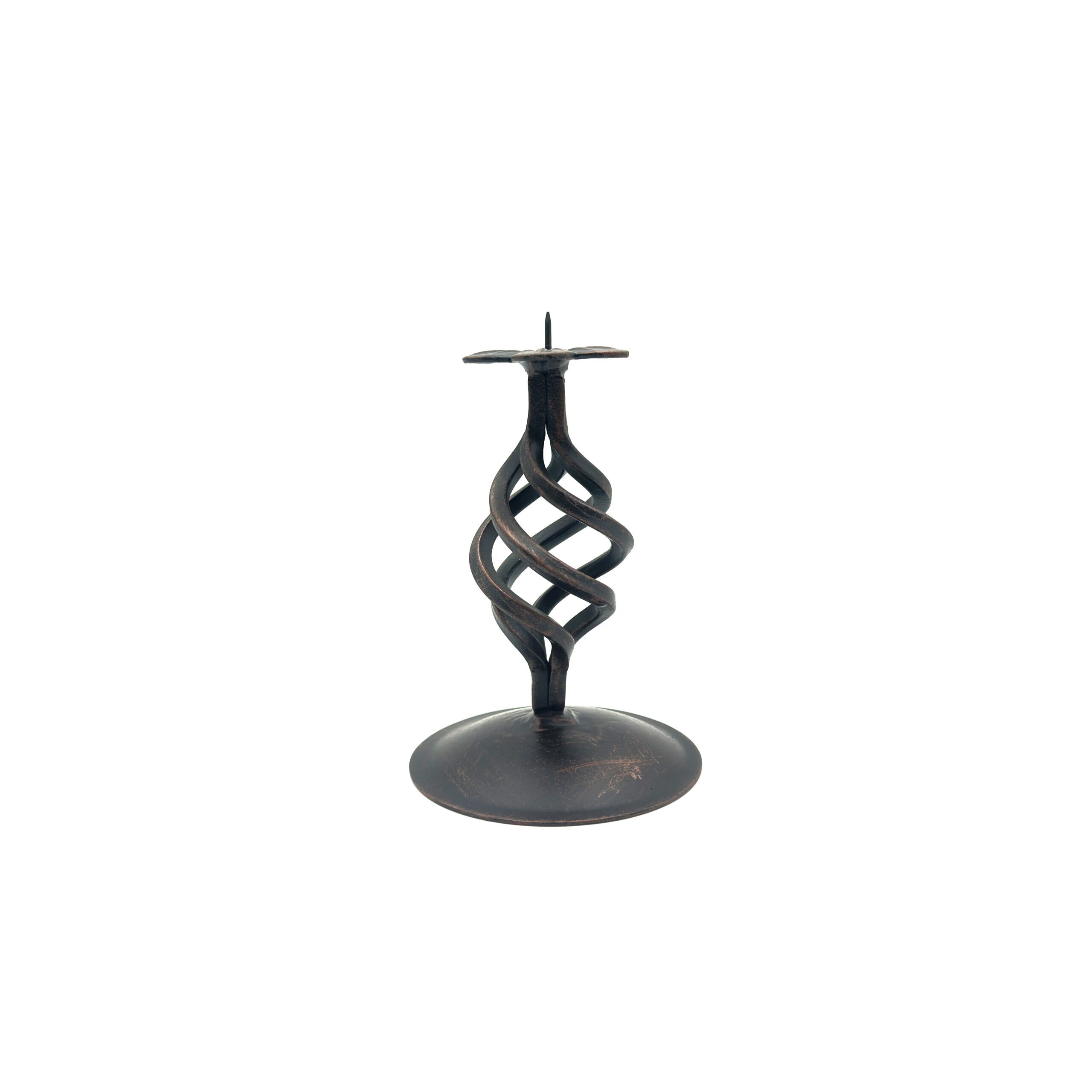 1003 Hand Forged Iron Pillar Candle Holder 17cm Antique Patina Floral Motif Spiral Stem Rustic Decor - Image 1