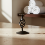 Hand Forged Iron Pillar Candle Holder 17cm Antique Patina Floral Motif Spiral Stem Rustic Decor - Image 3