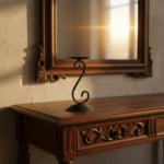 Hand Forged Wrought Iron Candle Holder 17cm Antique Patina Floral Motif Spiral Stem Rustic Decor - Image 2