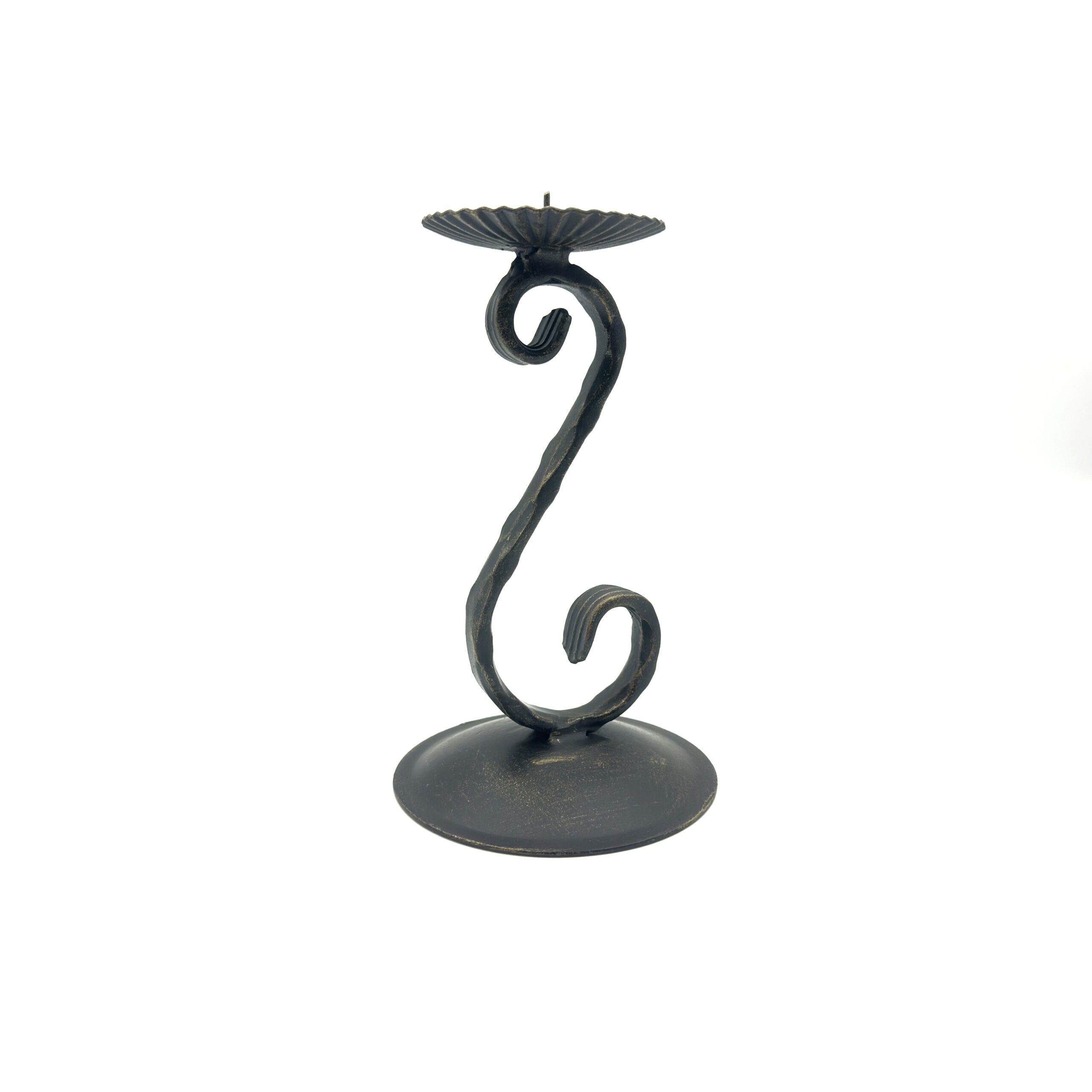 1006 Hand Forged Wrought Iron Candle Holder 17cm Antique Patina Floral Motif Spiral Stem Rustic Decor - Image 1