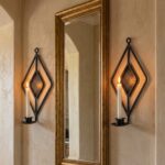 Hand Forged Iron Wall Sconce Candle Holder 41cm Antique Patina Geometric Diamond Decor - Image 2