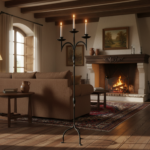 Hand Forged Iron Floor Candelabra 47.5" (121cm) Leaf Detail Antique Copper or Gold Patina 3-Arm Candle Holder Rustic Decor - Image 3