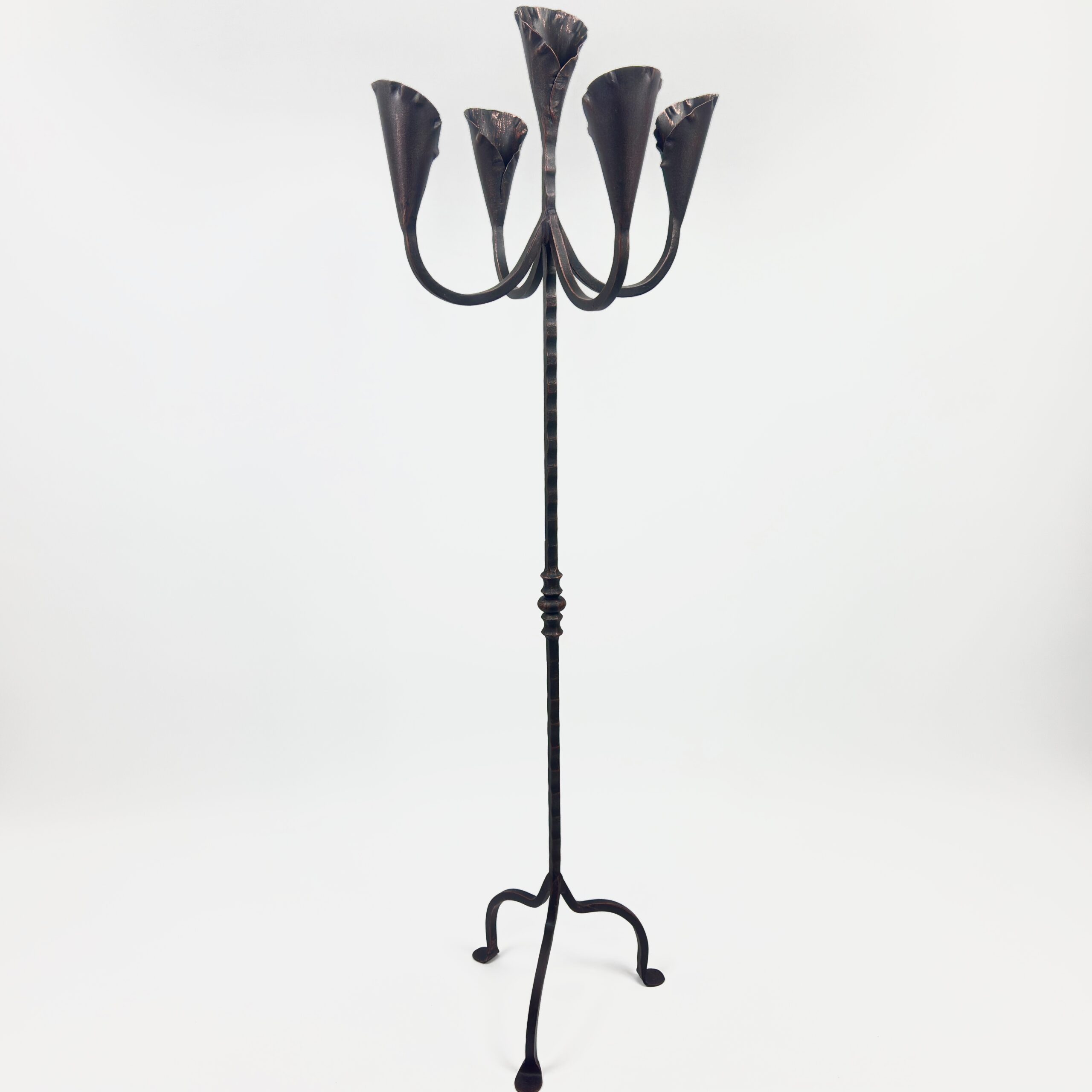 1042 B 42x124 Hand Forged Iron Floor Candelabra 49" (124cm) Antique Copper Patina 5-Arm Lily Cup Candle Holder Rustic Church Decor - Image 1