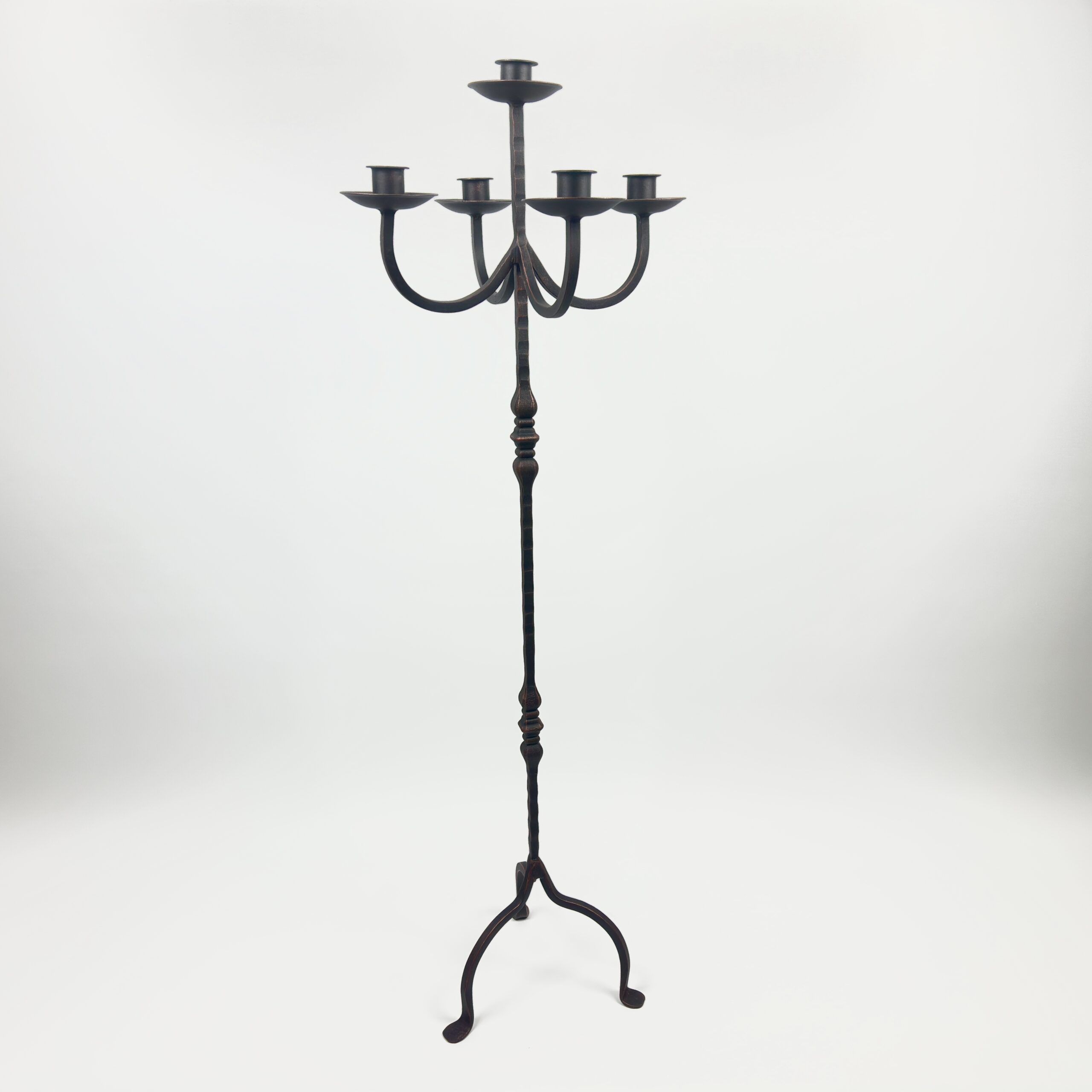 1054 B Hand Forged Iron Floor Candelabra 48.5" (123cm) Antique Copper or Gold Patina 3-Arm Royal Scroll Candle Holder Decor - Image 1