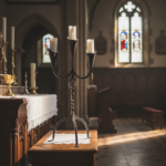 Hand Forged Iron Candelabra 27" (68cm) Antique Copper Finish 3-Arm Sculptural Tulip Cup Centerpiece - Image 3